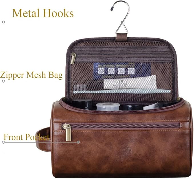 Personalized Embroidery PU Leather Travel Toiletry Bag for Men,Stylish Travel Organizer for Travel, Wedding Gift,Customized Monogram Travel Shaving Dopp Kit for Groomsmen (Brown)
