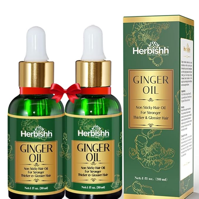 Herbishh Ginger Essential Oil (2 x 30ml) for Hair Growth, Non Sticky, Hair Growth Serum Oil for Thicker, Strong and Glossier Hair, with Dropper