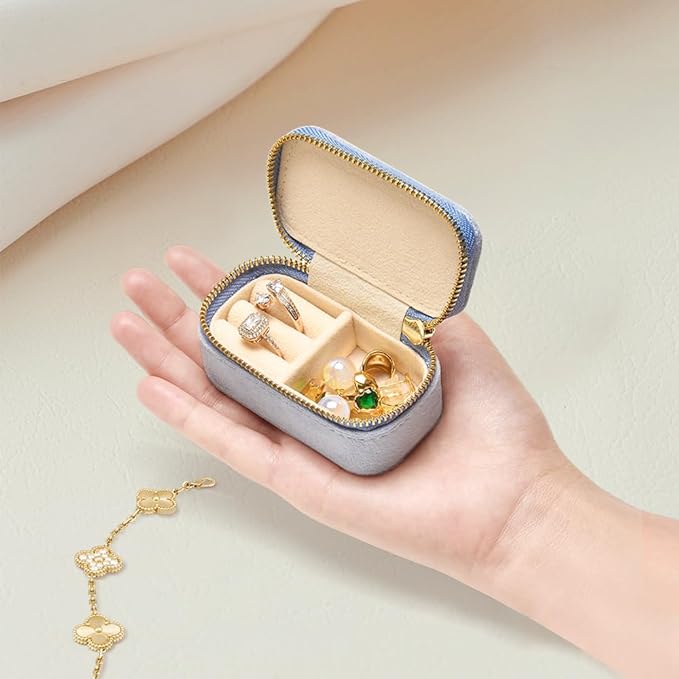 TAIMY Mini Jewelry Travel Case, Velvet Small Travel Jewelry Box, Portable Jewelry Travel Organizer Box for Rings Earrings Necklaces, Gifts for Women Girls(Blue)