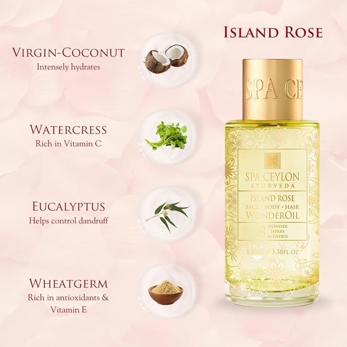 SPA CEYLON Wonder Oil Island Rose, Luxurious Moisturizing Body Oil with Ayurvedic Herbs for Skin & Hair, Non-Greasy Organic Formula, Vegan & Paraben-Free, 100 ml