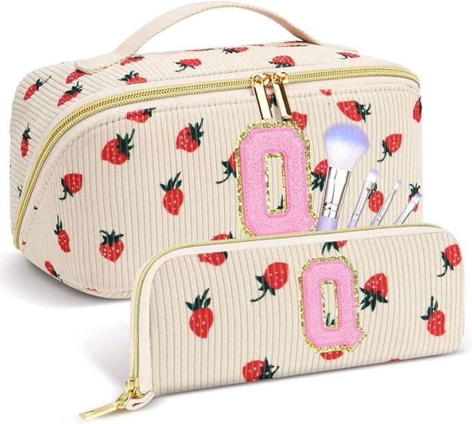 Personalized Travel Makeup Bag Set,Initial Travel Strawberry Makeup Organizer Bag,Toiletry Skincare Cosmetic Bag,Christmas Gifts for Women/Girls,Open Flat Toiletry Pouch with Brush Pocket-Q