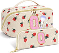 Personalized Travel Makeup Bag Set,Initial Travel Strawberry Makeup Organizer Bag,Toiletry Skincare Cosmetic Bag,Christmas Gifts for Women/Girls,Open Flat Toiletry Pouch with Brush Pocket-Q