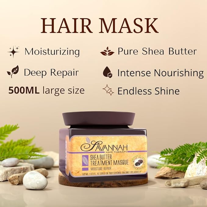 Savannah Hair Mask/Hair Masque with Keratin & Shea Butter – Deep Conditioning, Hydrating Anti-Frizz Treatment for Dry, Curly, or Chemically Treated Hair – 500ml (16.9 oz)