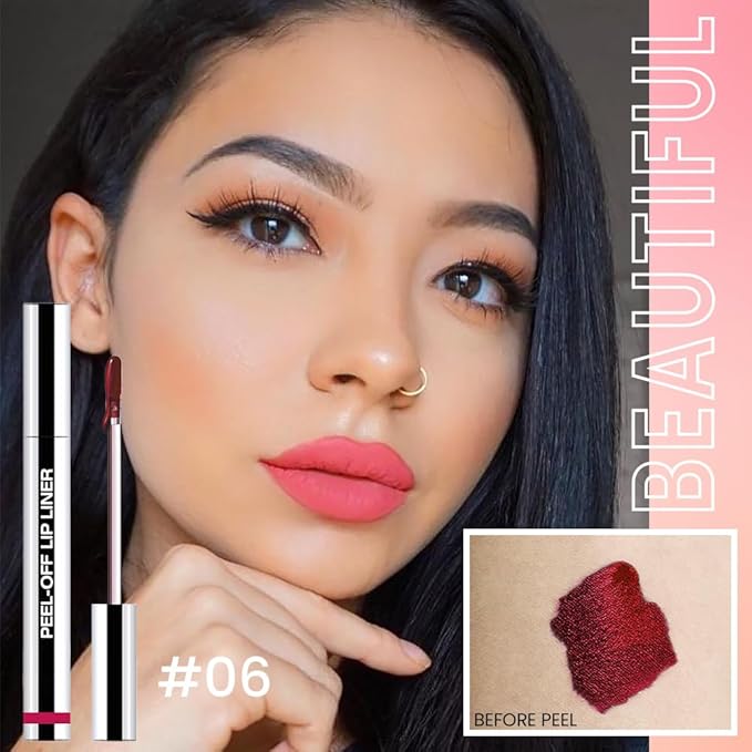 Matte Lip Gloss Stain-Peel Off Lip Liner Tattoo, Pinkish Red Peel-Off Lip Tint，Long Lasting Peel Off Lip Stain, Waterproof Transfer-proof Lip Mask Lip Liner Peel Off Lip Gloss,Stayn Lip Makeup.06#