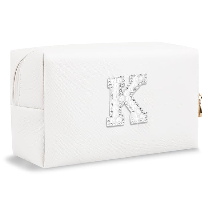 Bride Gifts – Personalized Initial Makeup Bag with Pearl Rhinestone Patch, Preppy White Monogram Cosmetic/Toiletry Pouch, bridesmaid Gifts, Bridal Shower Gifts, Wedding Gifts, Bridal Gifts,K