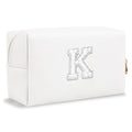 Bride Gifts – Personalized Initial Makeup Bag with Pearl Rhinestone Patch, Preppy White Monogram Cosmetic/Toiletry Pouch, bridesmaid Gifts, Bridal Shower Gifts, Wedding Gifts, Bridal Gifts,K