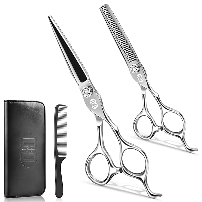 CIICII Professional Hair Cutting Scissors Shears Kit, 440C 7 Inch Barber Haircut Scissors Set (Hair Beard Trimming Haircutting Thinning Shears) for Hairdressing Stylist Hairdresser Salon Home