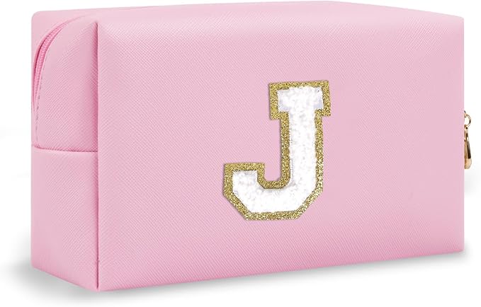 Personalized Preppy Small Travel Makeup Bag, Initial Chenille Letter Pink Makeup Bag Cosmetic Pouch Toiletry Organizer, PU Leather Waterproof Makeup Storage Cute Preppy Stuff for Female(Letter J)