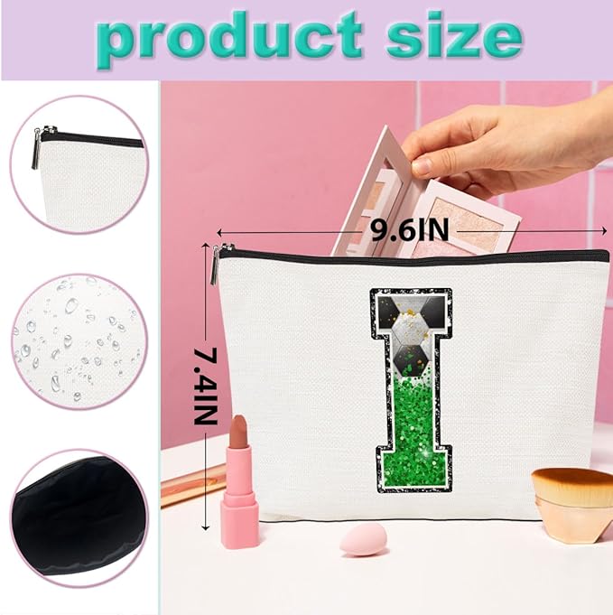 Soccer Gifts Initial Makeup Bag Monogrammed Cosmetic Bag Letter I Zipper Pouch Soccer Accessories for Girls Women Soccer Player Coach Friend Soccer Stuff Graduation Birthday Gifts
