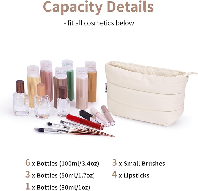 Narwey Small Makeup Bag for Travel Women Girl, Puffer Cosmetic Bag Makeup Pouch for Purse with Zipper, Cute Puffy Make Up Organizer Bags, Travel Toiletry Bag Toiletries (Beige)