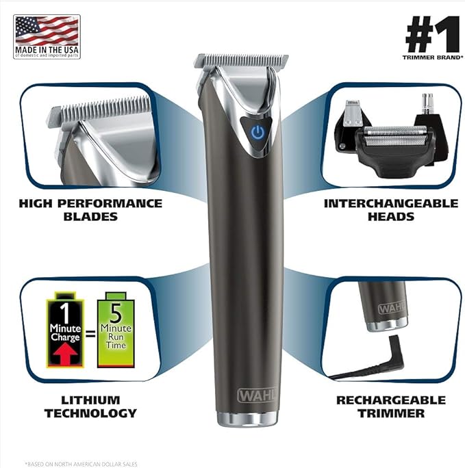 Wahl Stainless Steel Lithium Ion 2.0+ Slate Beard Trimmer for Men - Electric Shaver, Nose Ear Trimmer, Rechargeable All in One Men's Grooming Kit (Pack of 6)