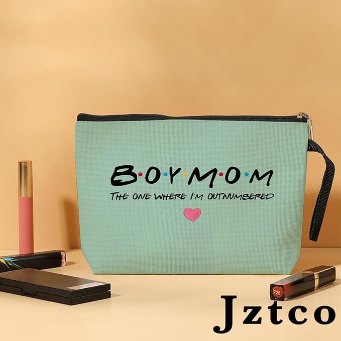 Jztco Boy Mama Makeup Bag, Baby Shower Gifts for Mom First Time, Christmas Birthday Unique Cosmetic Bag Funny Mothers Day, New Mom Gifts - Boy Mama The One Where I'm Outnumbered, Green