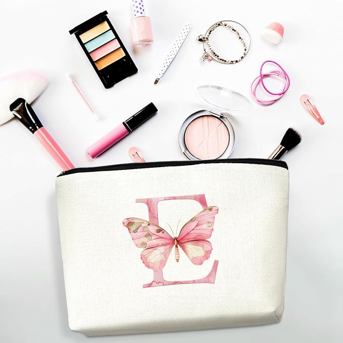 Initial Makeup Bag Pink Butterfly E Personalized Cosmetic Bag Monogrammed Gifts for Women Girls Bride Daughter Monogram Zipper Pouch for Friendship Mothers Day Birthday Wedding Bridal Shower Gifts