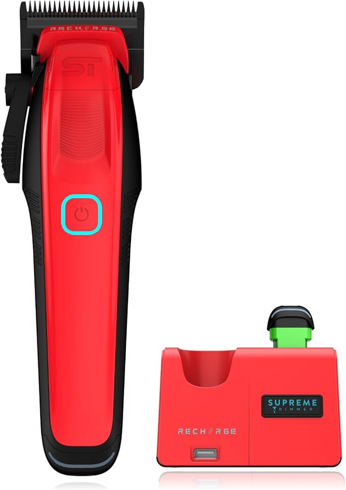 Supreme Trimmer Recharge Clipper - Professional Hair Clipper with 2 Removable Batteries, Brushless Motor, Smart Charge Stand, USB-C Charge & DLC Blades Barbers | STC779
