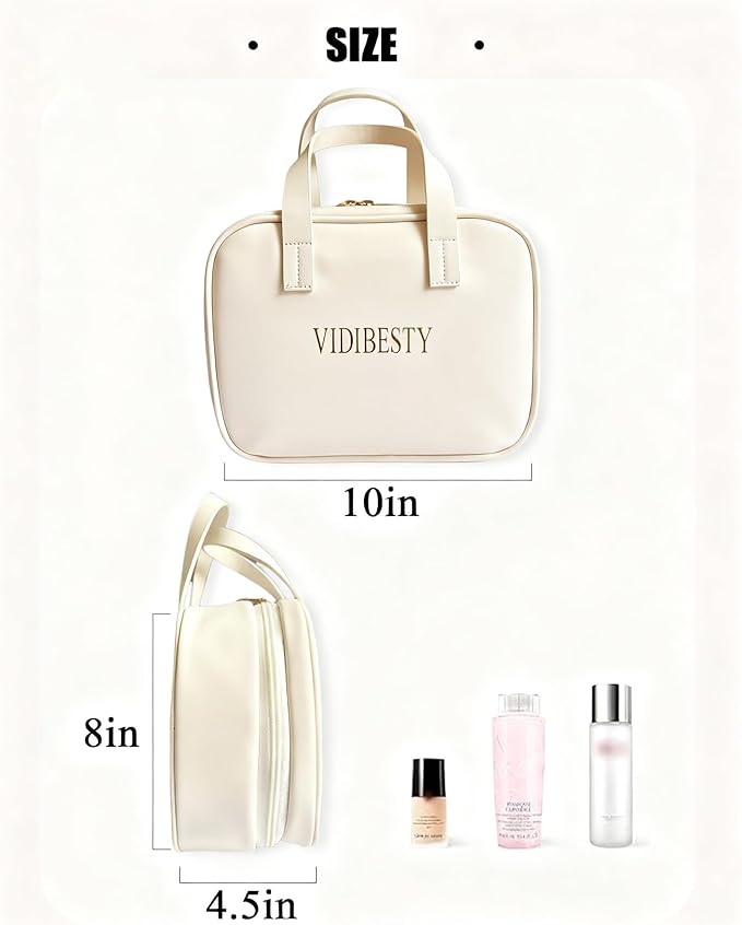 Travel Makeup Bag Skin-feel Leather, Large Capacity Cosmetic case for Women, Waterproof Portable Make up Organizer with Divider and Handle for Toiletries, Beauty Essentials (Beige)