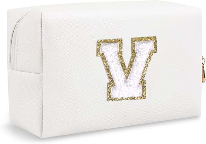 Personalized Initial Preppy Patch Makeup Bag, Travel Toiletry Zipper Pouch Cute White Cosmetic Organizer Small Makeup Bag for Purse, PU Chenill Letter Make Up Bags Gift for Friend Female(Letter V)