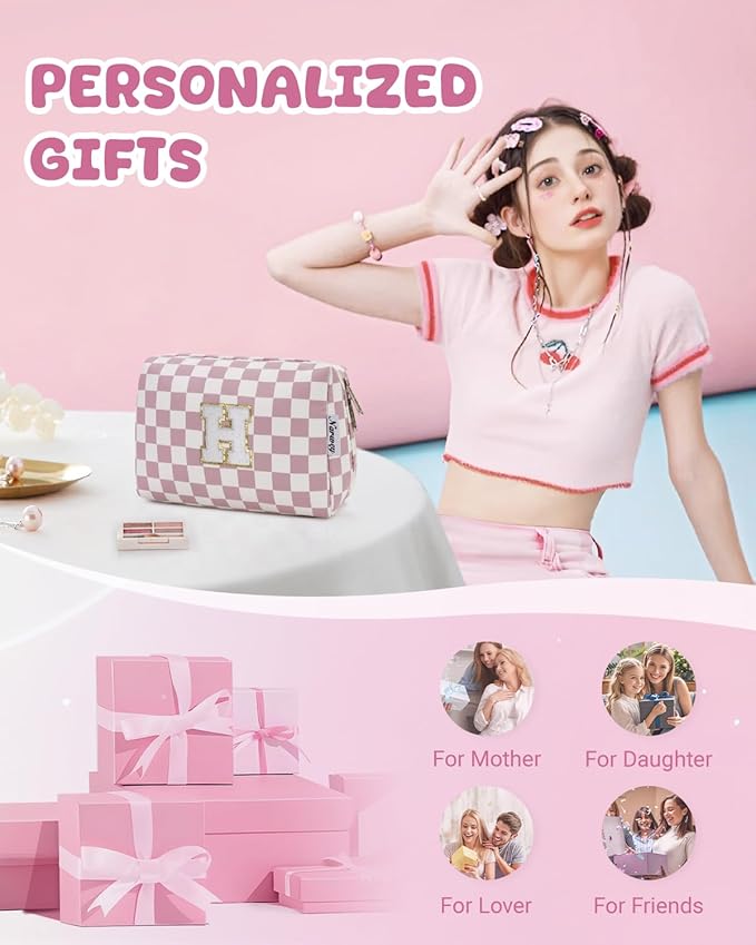 Narwey Birthday Gifts for Teen Girls Kids Women Personalized Initial Checkered Makeup Bag Pink Monogram Cosmetic Bag Trendy Stuff 6 8 10 11 12 13 14 16 18 Years Old Travel Toiletry Bag (Dusty Rose H)