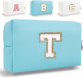 Small Personalized Letter Makeup Bag, Cute PU Leather Chenille Letters Cosmetic Bag Travel Makeup Pouch, Preppy Travel Organizer Zipper Pouch for Women&Girls（Blue-T）