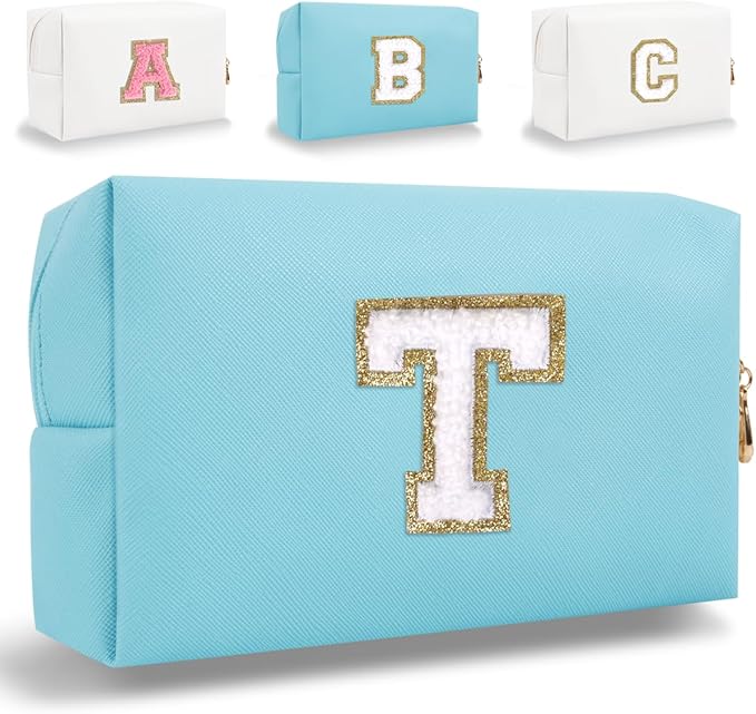 Small Personalized Letter Makeup Bag, Cute PU Leather Chenille Letters Cosmetic Bag Travel Makeup Pouch, Preppy Travel Organizer Zipper Pouch for Women&Girls（Blue-T）