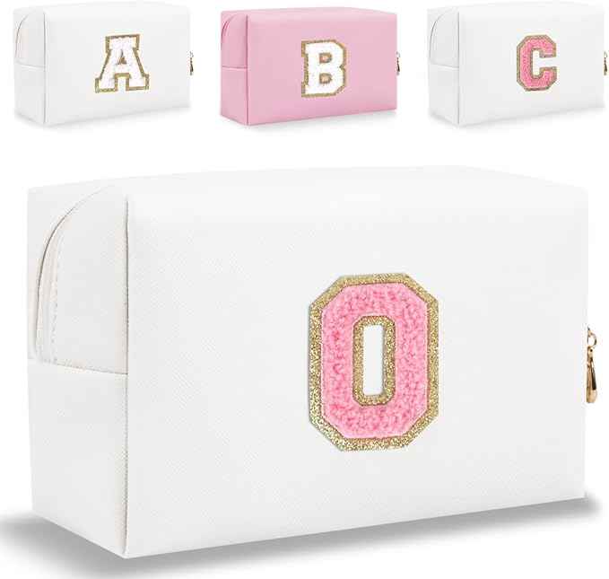 Small Personalized Letter Makeup Bag, Cute PU Leather Chenille Letters Cosmetic Bag Travel Makeup Pouch, Preppy Travel Organizer Zipper Pouch for Women&Girls（WhitePink-O）