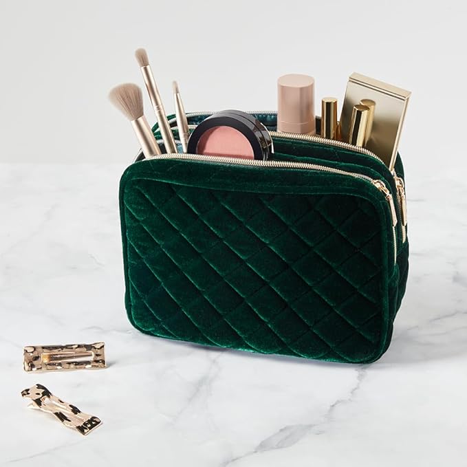 Conair Travel Double Zip Organizer - Toiletry Bag - Makeup Bag - Travel Makeup Bag - Makeup Organizer - Gifts for women - Green Velvet