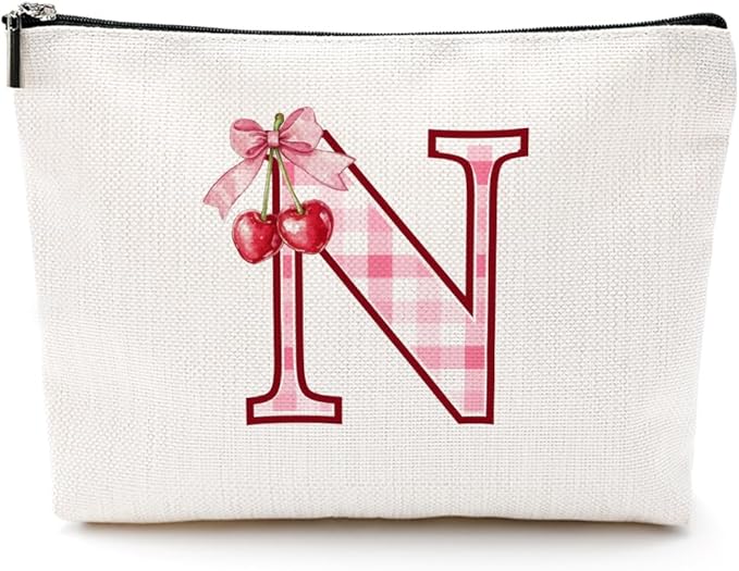 Initial Makeup Bag Monogram Cosmetic Bag Monogrammed Gifts for Women Girls Friends Coworker Sisters Personalized Travel Toiletry Bag Christmas Bridal Shower Wedding Bridesmaid Gifts, Cherry N