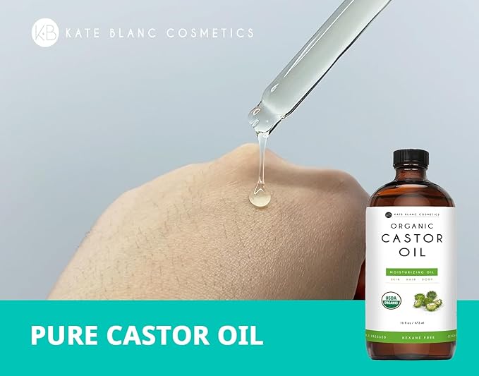 Kate Blanc Cosmetics Castor Oil for Face, Hair & Skin (16oz, Organic, Cold Pressed, Hexane-Free) Moisturizer for Eyelashes, Eyebrows, and Scalp