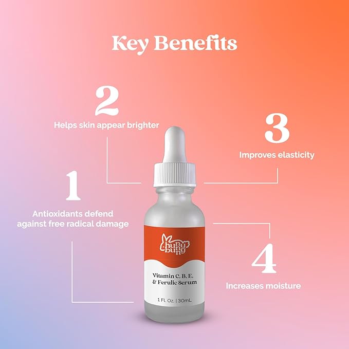 Hunny Bunny Vitamin C B E - Frangrance Free - Hyaluronic Acid - Ferulic Acid Serum, Better Skin Hydration, Anti Aging, Anti Wrinkles - Dark Spot Enhancer, Antioxidant Serum, (1 Fl Oz) - Made in USA