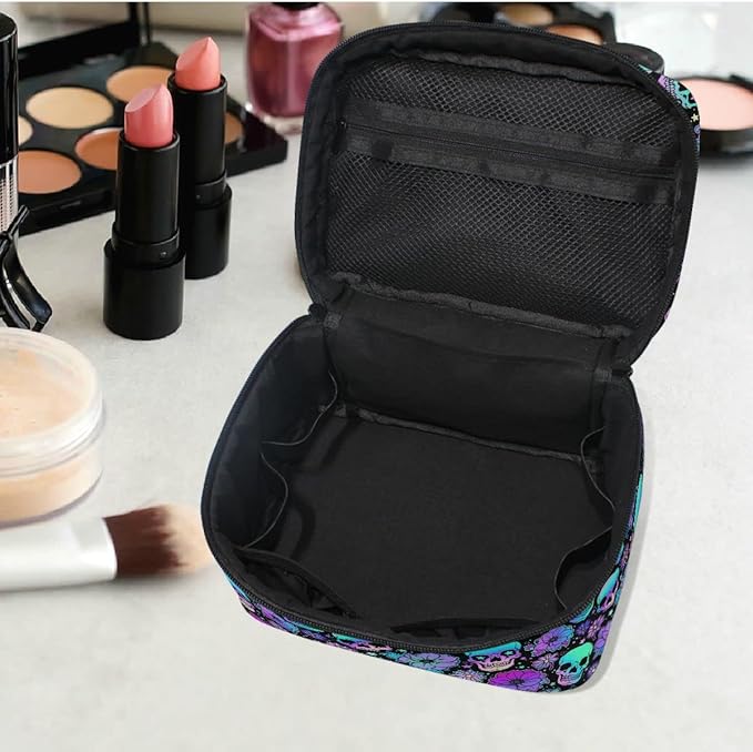 Goth Skull Makeup Bag, Gothic Skull Flowers Makeup Organizer Bags Toiletry Bag Box Travel Cosmetic Bag Make Up Train Case for Women Teen Girl Ladies