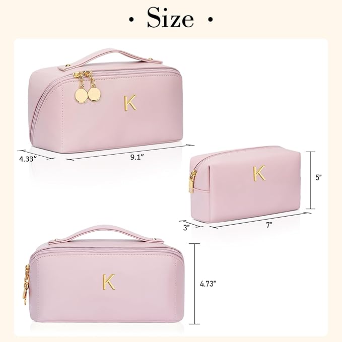 Birthday Gifts for Women Teen Girl, Personalized Initial Makeup Organizer Bag Set, Open Flat Travel Cosmetic Bag With Clear Divider and Handle(Pink,K)
