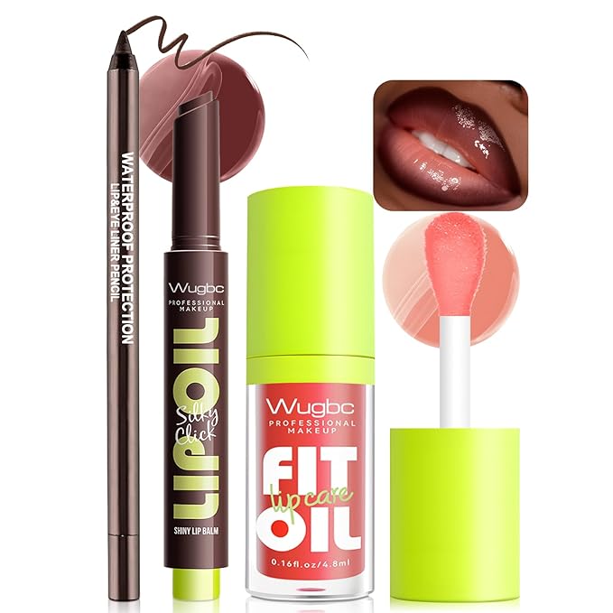Dark Brown Lip Liner and Lip Gloss Set, Lip Combo Moisturizing Lip Balm Oil Plumping Lips Pencil Lightweight Non Sticky Tinted Lip Click Balm Liquid Lipstick Makeup for Women
