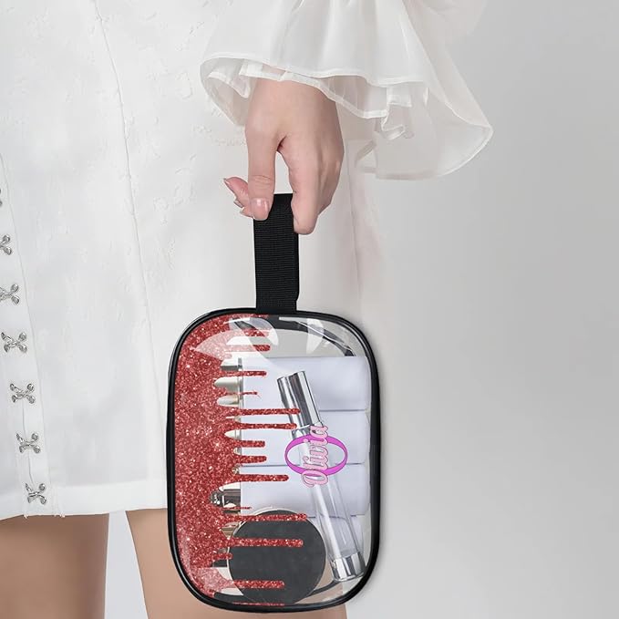 Personalized Travel Cosmetic Bag Waterproof Makeup Bags, Custom Name Clear PVC Organizer Case Toiletries Container Bag, Water Fluid Red Sequins