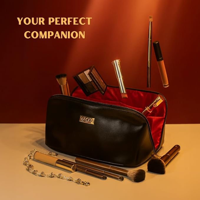 NAORI Travel Makeup Bag for Women | Large Luxury Cosmetic Organizer with Handle & Inner Pockets | Waterproof Leather Toiletry Bag | Makeup Case for Home, Travel & Gifting (Elegant Black)