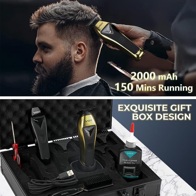 VGR 994 Vector Motor Hair Trimmer for Men, 10000 RPM Professional Hair Clippers Beard Trimmer, DLC T Blade Trimmers for Barbers, Cordless Zero Gapped Line Up Clippers with Metal Body, Travel Case
