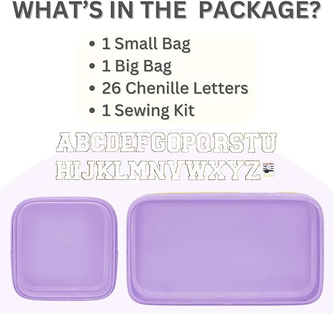 2PCS Personalized Makeup Bag Set, 2PCS Toiletry Bag & 26 Chenille Letters, Clear Makeup Pouch, Preppy Stuff Gifts for Teen Girls (Purple)