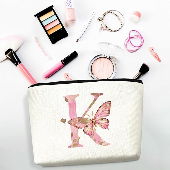 Initial Makeup Bag Pink Butterfly K Personalized Cosmetic Bag Monogrammed Gifts for Women Girls Bride Bridesmaid Monogram Zipper Pouch for Friendship Mothers Day Birthday Wedding Bridal Shower Gifts