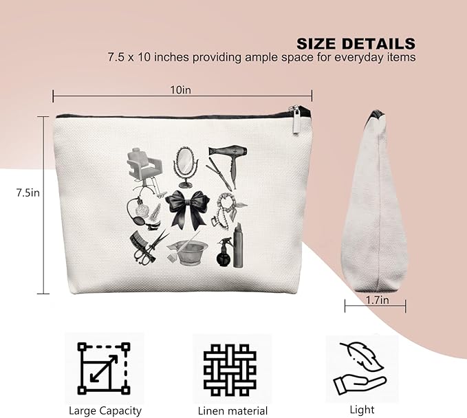 Black & White Hairstylist Makeup Bag, Aesthetic Salon Travel Organizer, Cosmetology Student Gifts for Women, Hairdresser Accessories Pouch for Teen Girls, 7.5 x 10 in