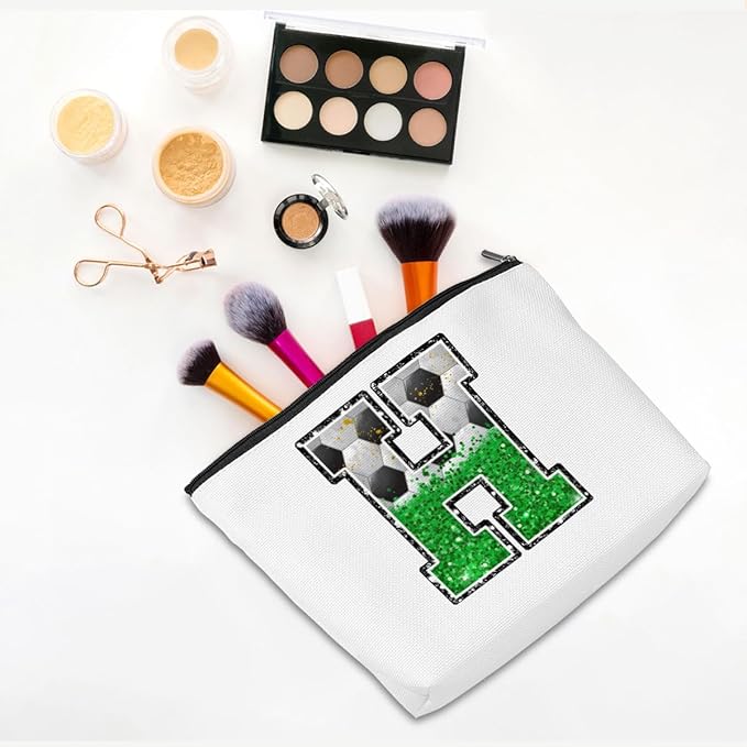 Soccer Gifts Initial Makeup Bag Monogrammed Cosmetic Bag Letter H Zipper Pouch Soccer Accessories for Girls Women Player Coach Friend Stuff Graduation Birthday Gifts