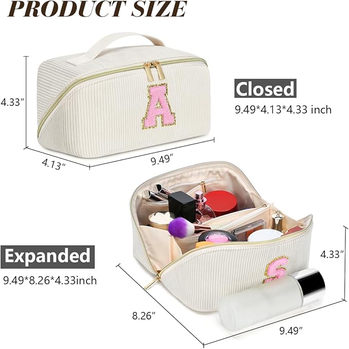 Personalized Initial Makeup Bag,Christmas Gifts for Girl,Preppy Bag Cosmetic Travel Bag Women,Travel Toiletry Organizer,Large Capacity Corduroy Stuff Bag,Cute Cosmetic Pouch Skincare Bag-N