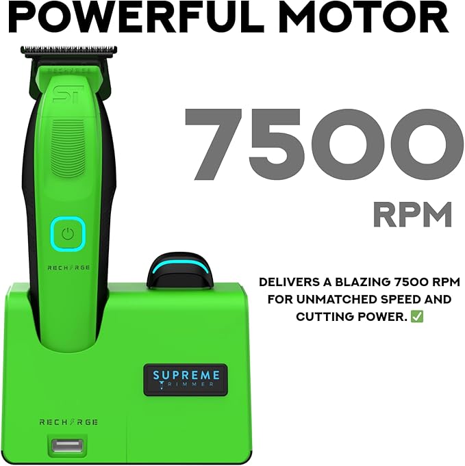 Supreme Trimmer Recharge ST777 – Professional Barber Trimmer with 2 Removable Batteries | 8000 RPM Motor, Zero Gap DLC Blades, Smart Charging Dock, USB-C Fast Charge