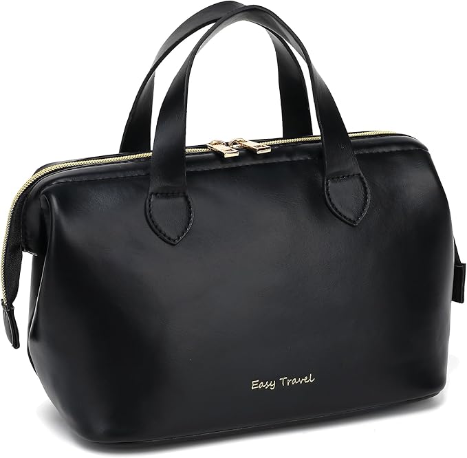 Travel Makeup Bag, Large Wide-open Cosmetic Bag Make Up Organizer Case for Women, Waterproof PU Leather Toiletry Bag Skincare Pouch for Toiletries Accessories Brushes