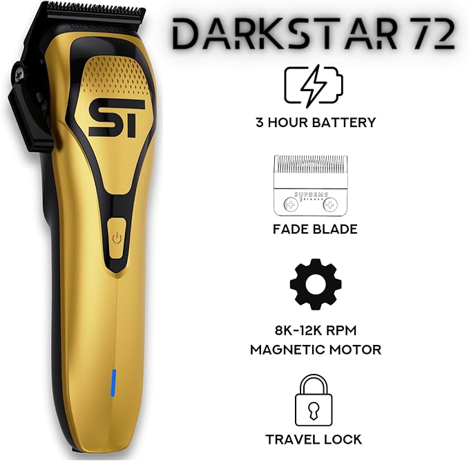 Supreme Trimmer Darkstar 72 Clipper with Magnetic Vector Motor | 180 Min Run Time, 9000 RPM Barber Hair Clipper | Low Noise, Professional Clipper DLC Blades | STC72