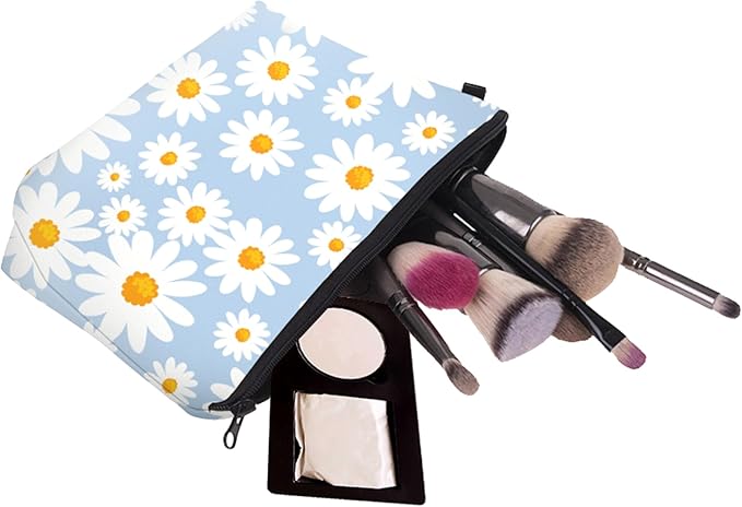 Cute Travel Makeup Bag Cosmetic Bag Small Pouch Gift for Women (Daisy Pale Blue)
