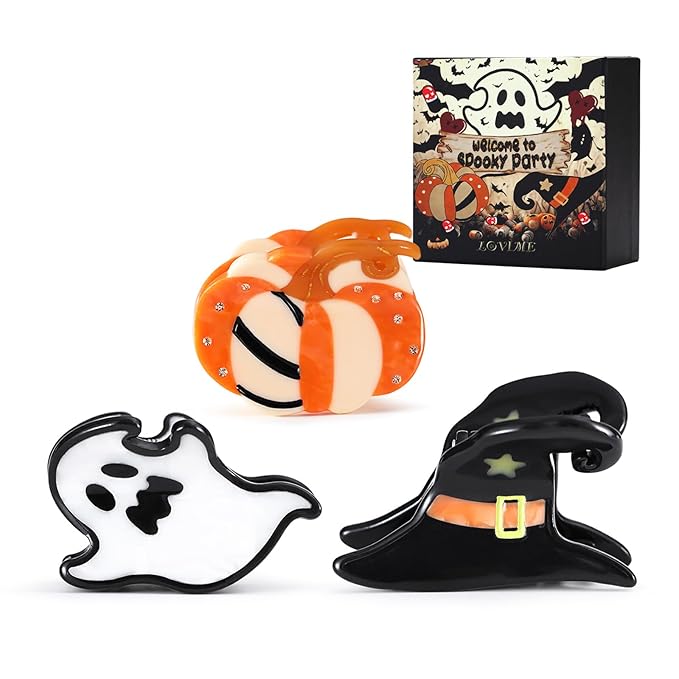 Mini Cute Halloween Acetate Hair Claw Clips for Women- Italian Designed Original Handmade Vintage Halloween Hair Accessories- Pumpkin, Witch Hat, Ghost, Nonslip, Plant-Based, Gift Boxed, 3-Pack
