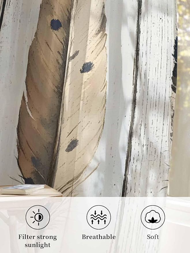 Sheer Curtains 84 Inches Long, Farmhouse Feather Semi Sheer Curtains Light - Image 6
