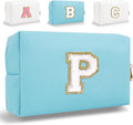 Small Personalized Letter Makeup Bag, Cute PU Leather Chenille Letters Cosmetic Bag Travel Makeup Pouch, Preppy Travel Organizer Zipper Pouch for Women&Girls（Blue-P）