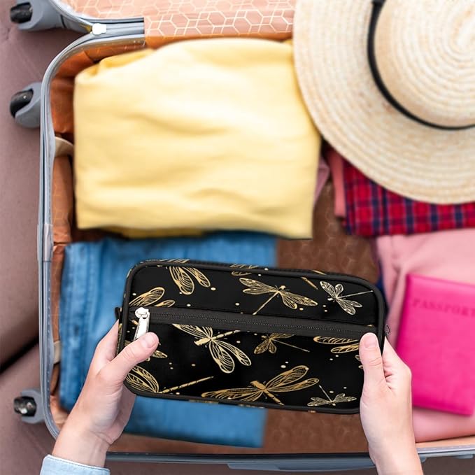 Vintage Animal Gold Dragonfly Travel Toiletry Bag for Women Men Lightweight Cosmetic Makeup Bag Organizer Waterproof Shaving Bag Dopp Kit with Large Capacity for Toiletries and Shaving Accessories