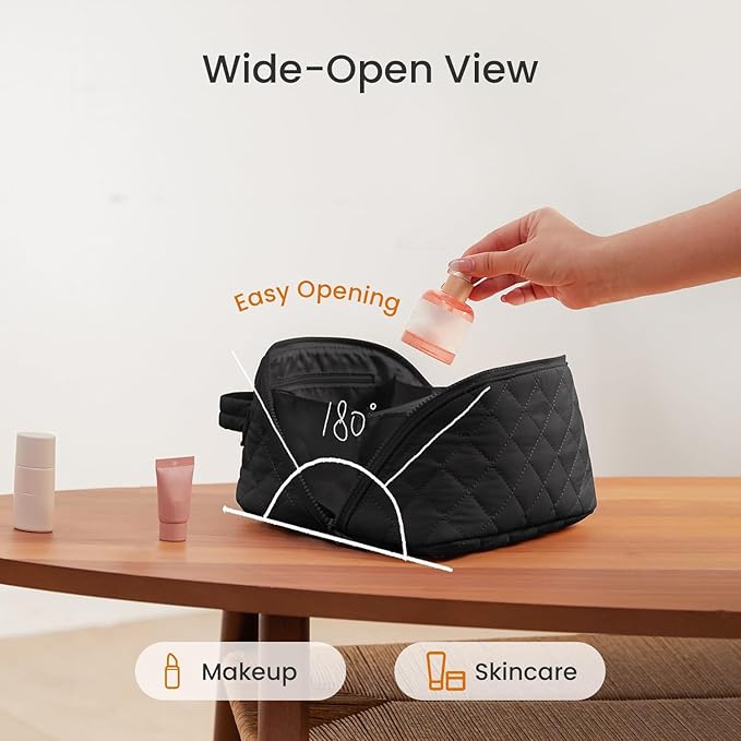 Makeup Bag for Woman, Festivalment Makeup Bag, Wide Open Lay-Flat Water-Resistant Cosmetic Case, Puffy Padded Organizer for Toiletries & Brushes Large Capacity with Compartments (Black)