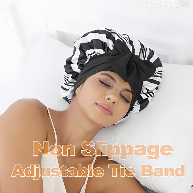 GDTOGRT Satin Silk Bonnet for Sleeping Women - Double Layer Sleep Hair Bonnets Caps for Curly Braid Hair with Tie Band