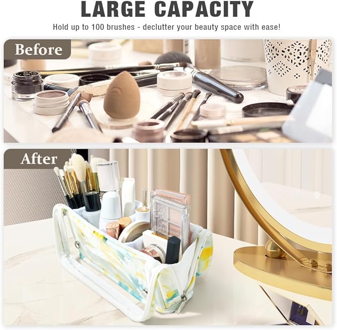 ROWNYEON Makeup Brush Bag, High Capacity Stand-Up Makeup Brush Holder, Travel Professional Cosmetic Bag Artist Organizer Bag Large Makeup Brush Case with Adjustable Divider (Brushes Not included)